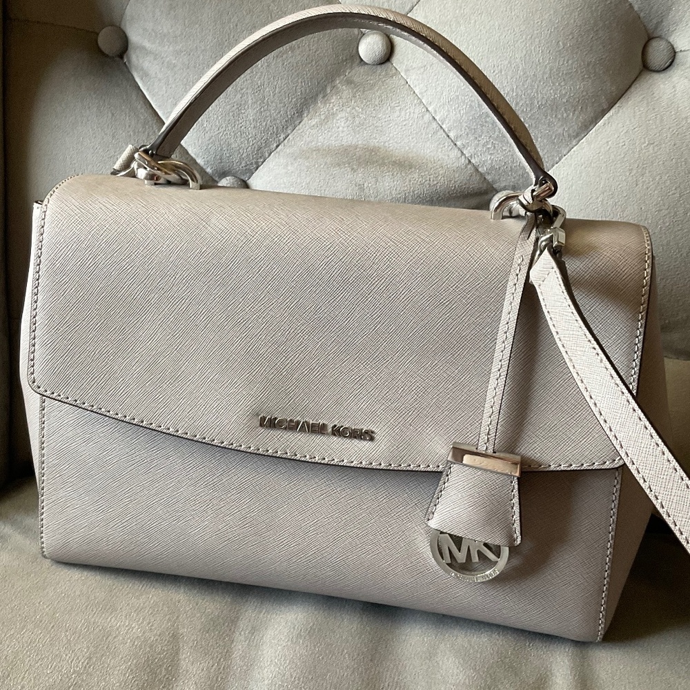 Michael Kors Ava Satchel Medium Gray Saffiano Leather Handbag Purse